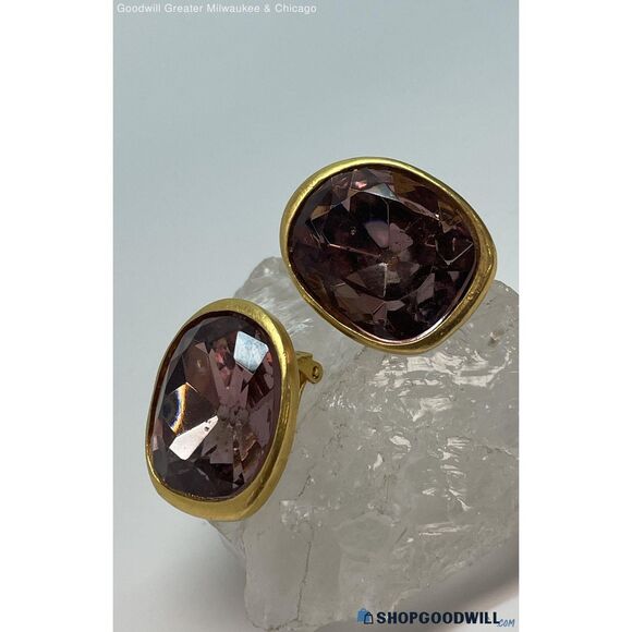 VTG Kenneth Jay Lane Gold Tone Pink Purple Crystal Statement Clip Earrings 23.2g - Picture 1 of 5